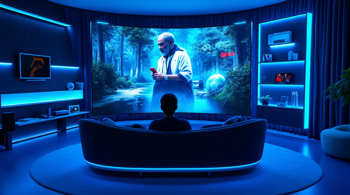 Salon moderne spacieux avec personne regardant Netflix sur grand écran - Streaming international débloqué avec VPN