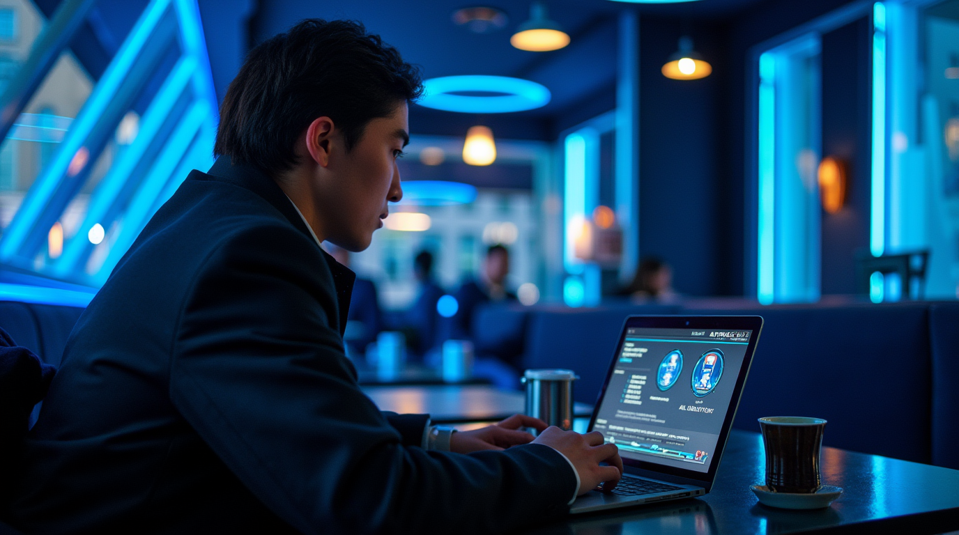 Café moderne spacieux avec personne utilisant ordinateur - Sécurité WiFi public avec VPN